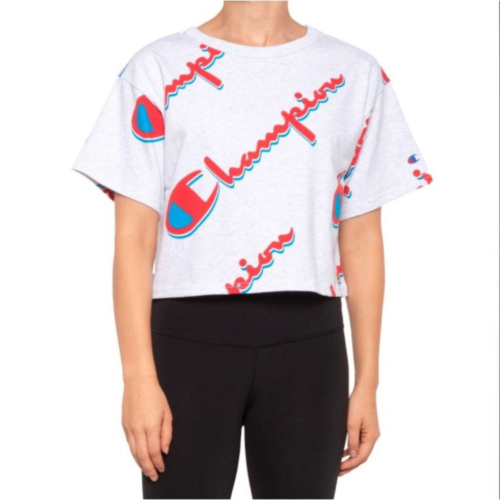 Champion Women's Cotton Print Cropped Tee Top Drop Shadow Script Silver Grey XL